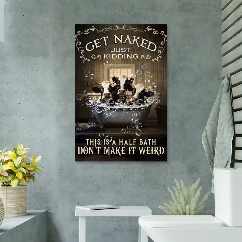 Quatre vaches dans le bain - «Get N nu, Just Kidding Gallery», toile tendue - décor d'illustrations animales de salle de bain et de lessive, décor de salle de bain brun et noir