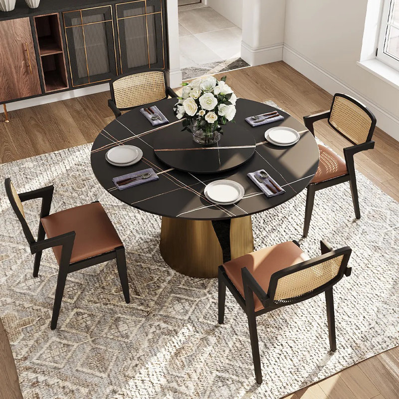 CR039AEH-WFUS1 Modern Round Dining Table with Lazy Susan for 4-6, Sintered Stone Tabletop, Solid Pedestal Carbon Steel Base Pre-Assembly