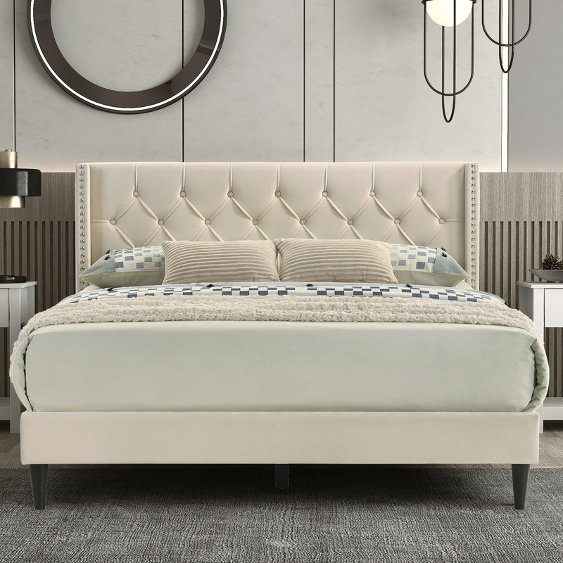  Lukasik Modern Tufted Wingback Upholstered Queen Platform Bed, Queen