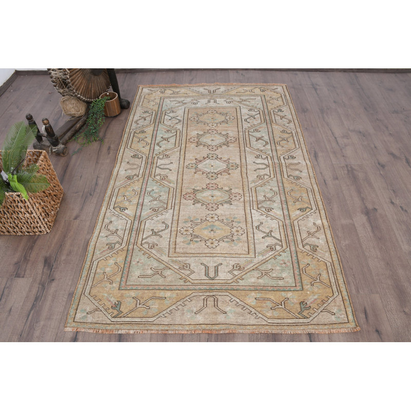 Tapis beige rétro en laine, motif géométrique 46,5 x 76 pouces