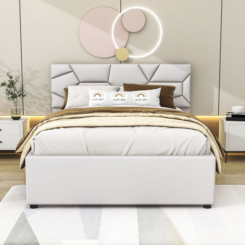 Lit plateforme tapissier avec lit gigogne et tête de lit, Double, Beige