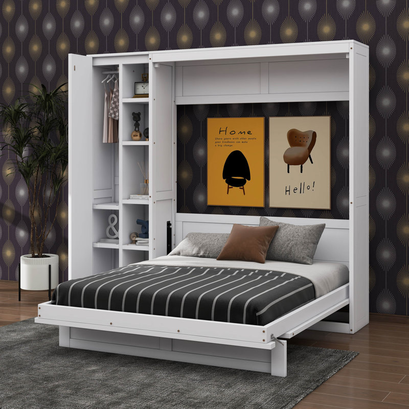 Lit escamotable double pleine grandeur avec tablettes, garde-robe et éclairage DEL, Lit double, Blanc