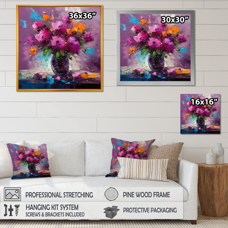 Fleurs roses vives dans un vase noir sur toile, Cadre flottant noir, H 30 po x l 30 po