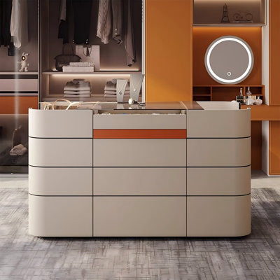 Comptoir rectangulaire en verre trempé transparent de 47,24 po avec surface en cuir de selle beige, armoire de rangement pour bijoux