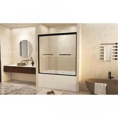 Verre trempé 56 x 60 po x H 60 po avec film antidéflagrant, porte de douche coulissante double en aluminium, 1/4 po (6 mm), poignée en acier inoxydable, noir mat