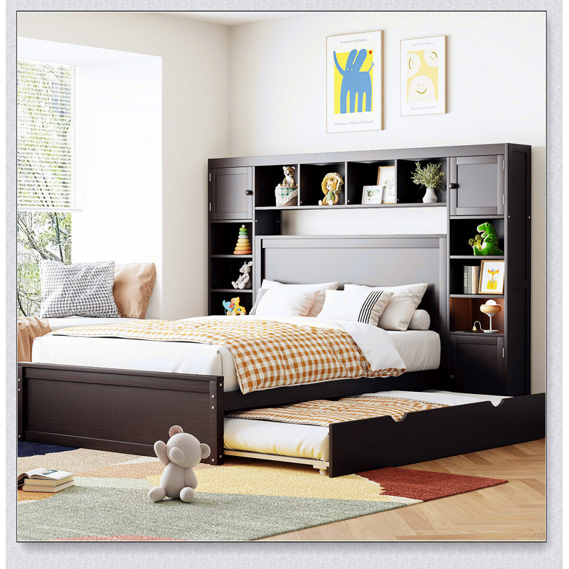 Lit double en bois avec armoire, tablette et prises tout-en-un, Espresso