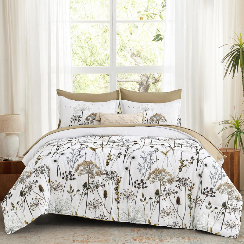 Ensemble d'édredon floral 7 pièces Dandelion, Édredon de très grande taille et 6 pièces suppl, Kaki