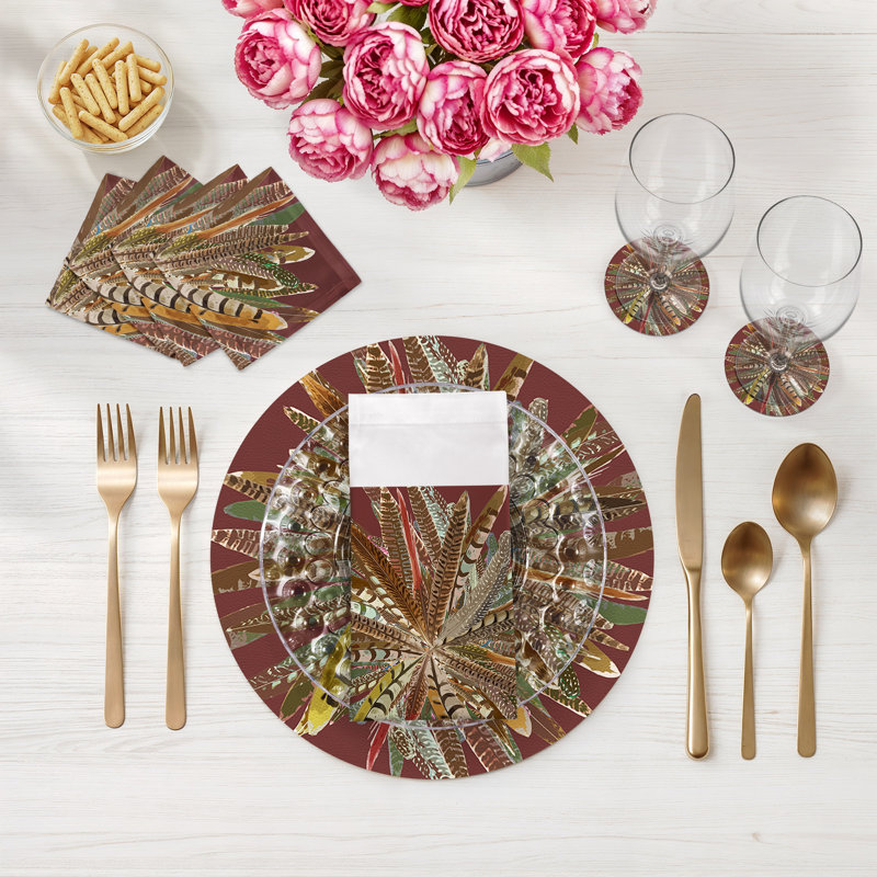 Pheasant Feathers Vegan Leather Round Pebble Placemat, Brown