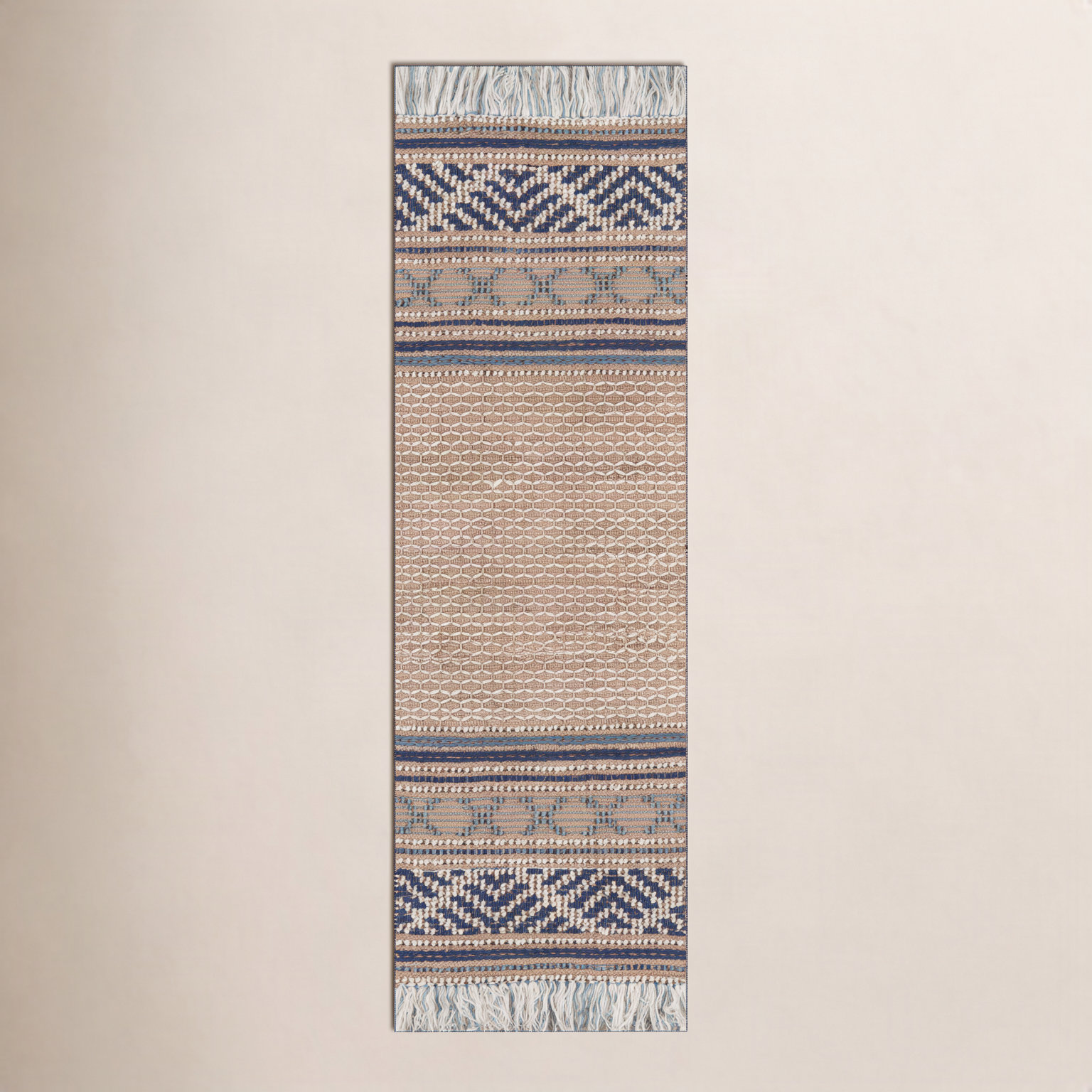 Alberta Beige Blue Hand-Woven Geometric Jute Rug, Runner 2'3" x 7'6"