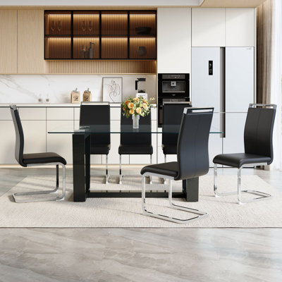 63'' Dining Table Set For 4–6 People, Modern Tempered Glass Kitchen Table With Faux Leather Chairs