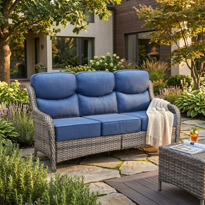 Meriline 75" Wide Straight Outdoor Wicker Patio Sofa With 6" Thick Cushions