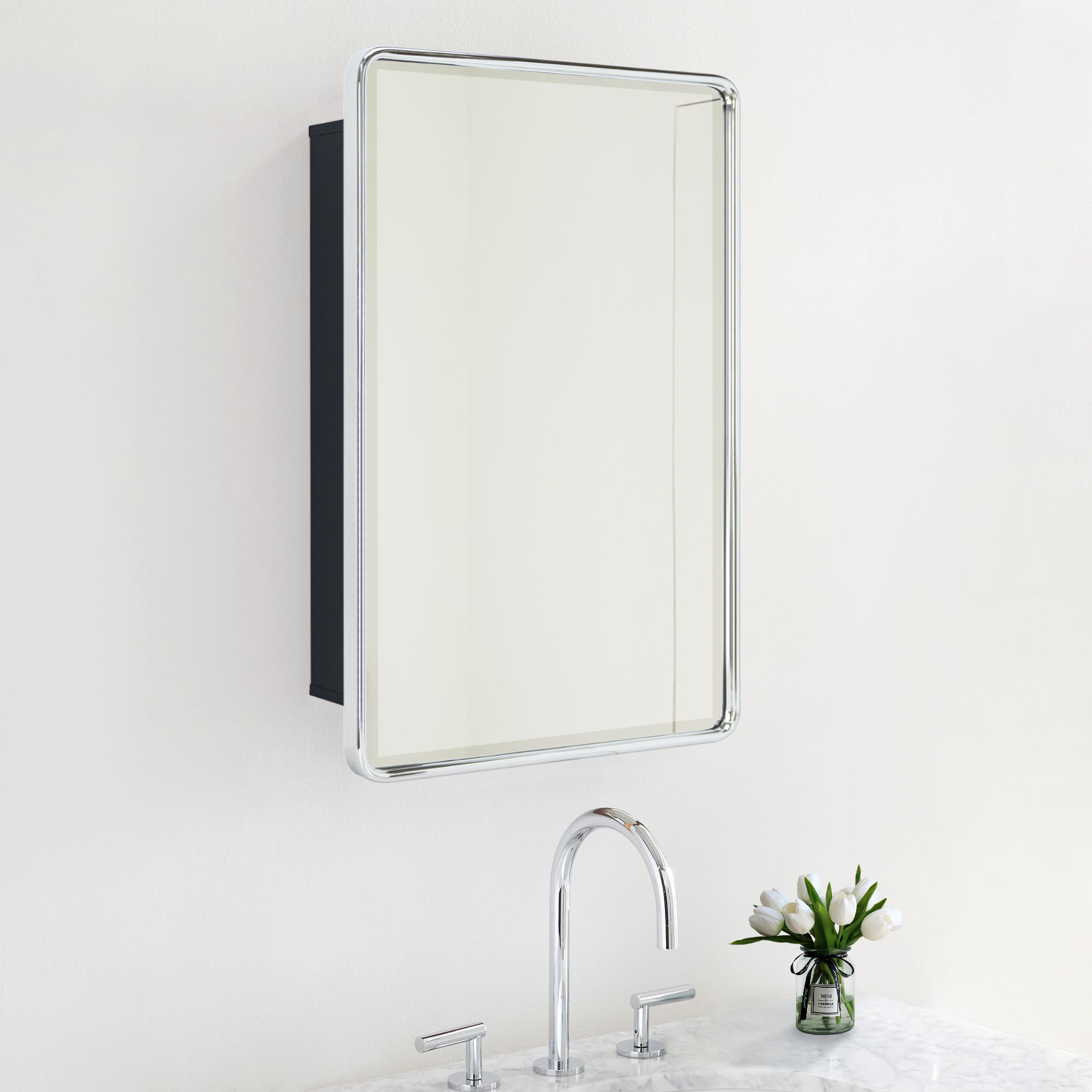 Bryand Farmhouse Surface Mount Metal Bathroom Medicine Cabinets with Mirror, 24" x 16", Chrome