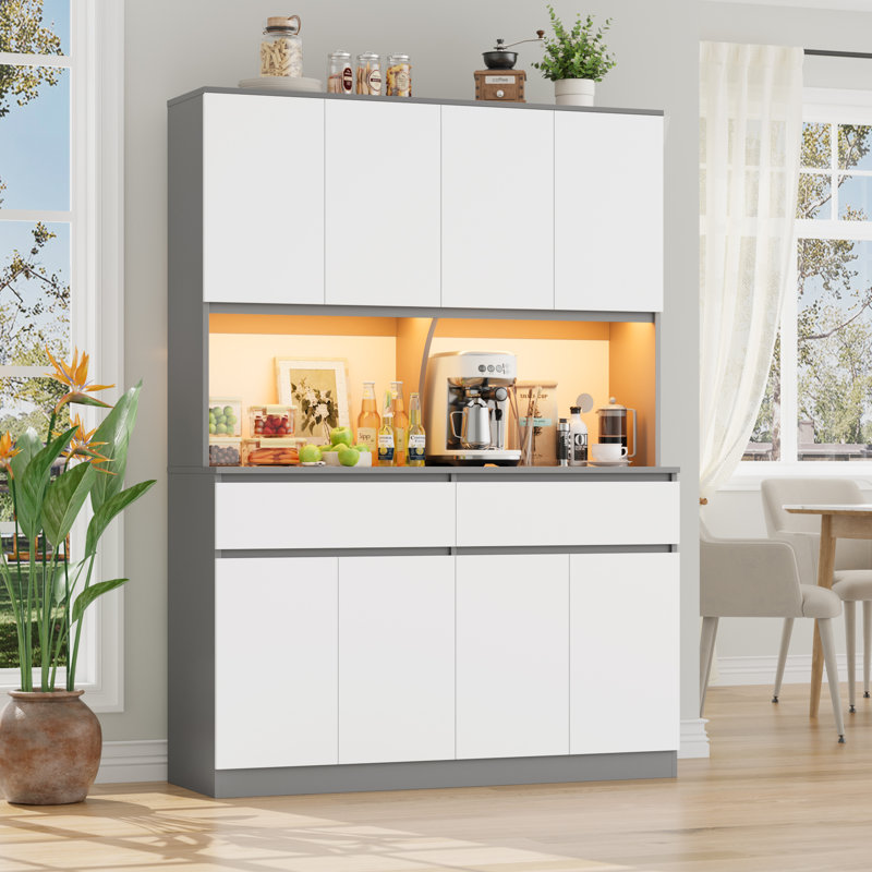 75" Large Wood Kitchen Pantry With Microwave Shelf And Led Lights , White/Grey