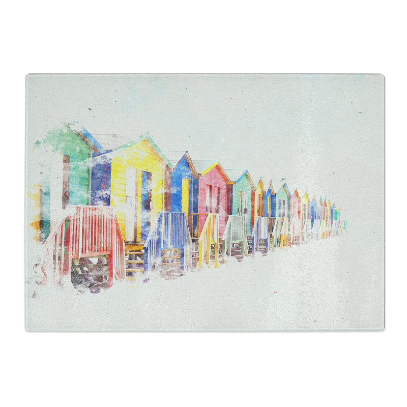 Tempered Glass Beach Huts in Cape Town Watercolour Chopping Board, 20 cm x 28.5 cm