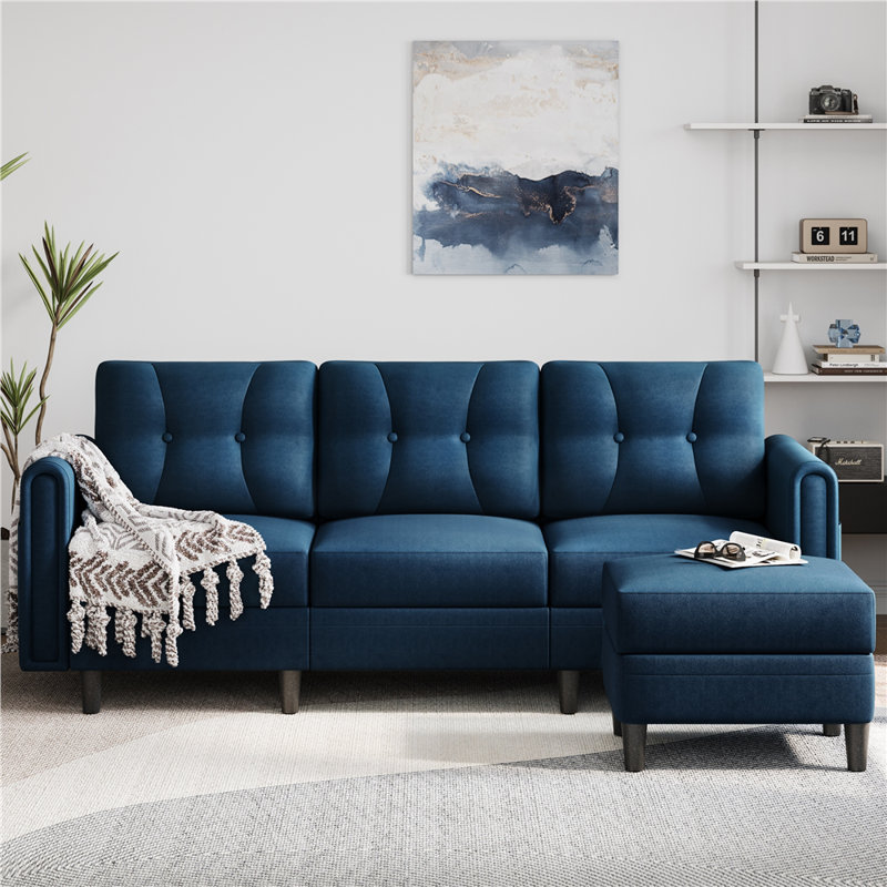 3-Seater Sofa Upholstered Corner Sofa with Ottoman for Living Room, Velvet Blue