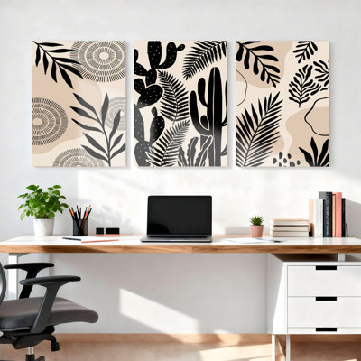 Ensemble de 3 tableaux sur toile à motif botanique de cactus et de feuilles, pour la décoration du salon et de la chambre.