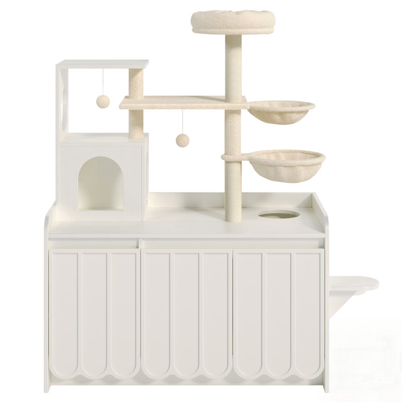 Maison pour chat tout-en-un moderne avec poteau à griffer en sisal, litière cachée et espace de rangement, idéal pour les chats d'intérieur