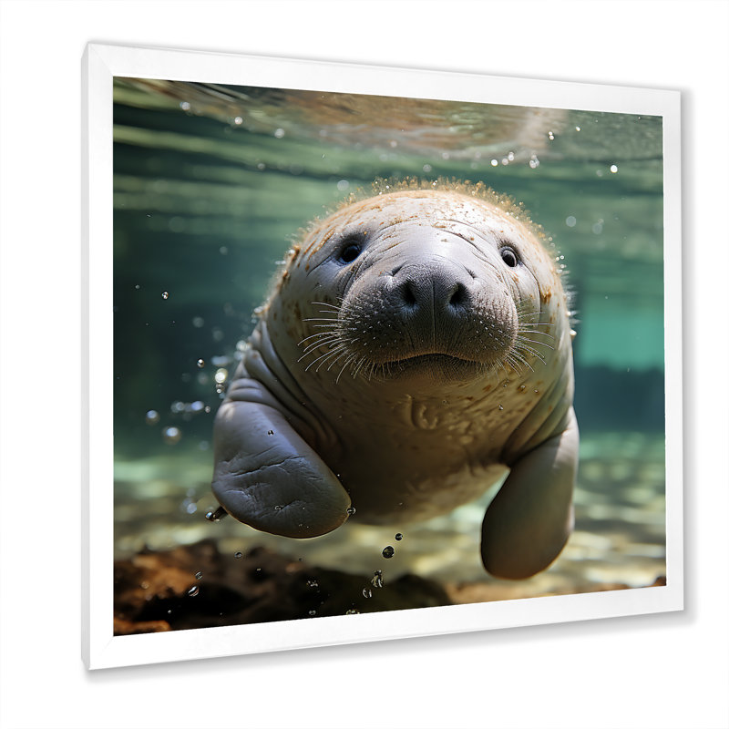 Curious Manatee Gaze II - Lamantin, art mural, Cadre photo blanc, H 16 po x l 16 po x P 1 po