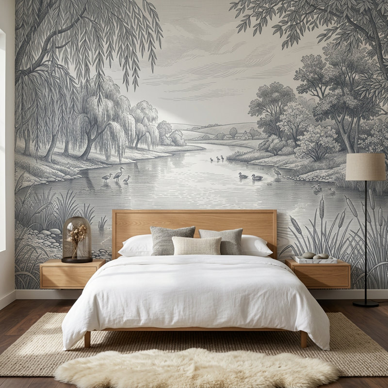 Papier peint mural paysage pastoral, scène de rivière et saules, 100"x96", Peel and Stick