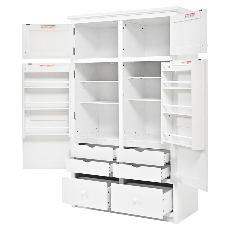 Grande armoire de rangement avec 8 tablettes de porte, 4 plateaux coulissants, 6 tiroirs pour la salle à manger, White
