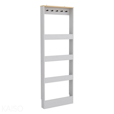 Behind The Door 69" Tall Bookcase With 4 Shelves And 5 Hooks, Space-Saving Narrow Storage Cabinet For Living Room, Children'S Room, Study Room, Kitchen, Corridor-Antique White