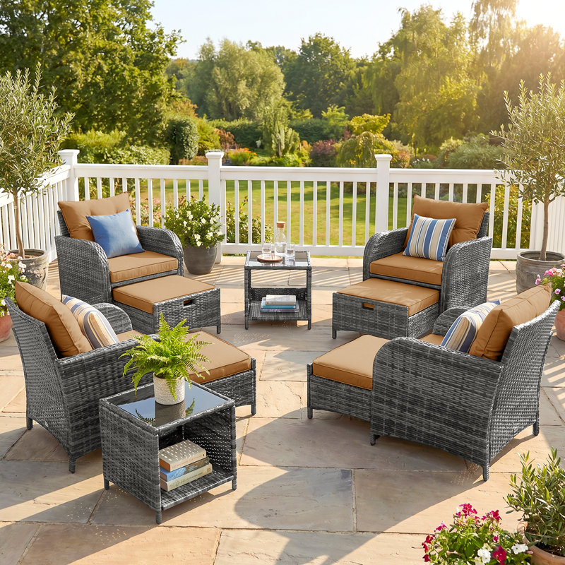 4-person Outdoor Wicker Patio Conversation Set, Modular Sectional Seating Group With Ottomans And Tempered Glass Coffee Table, Weather-resistant All-weather Furniture Set For Backyard Deck Poolside