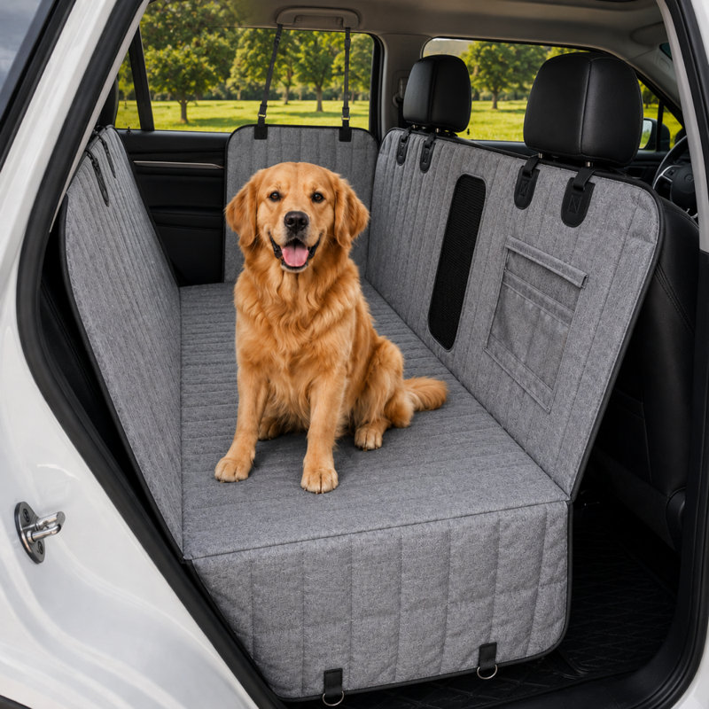 Housse imperméable pour voiture pour animaux avec fenêtre en filet et poches de rangement, Gris