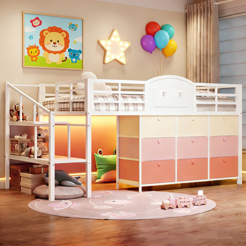Lit mezzanine simple simple avec 9 tiroirs de rangement et tablettes pour escalier Lit mezzanine pour enfants avec espace de rangement sous le lit