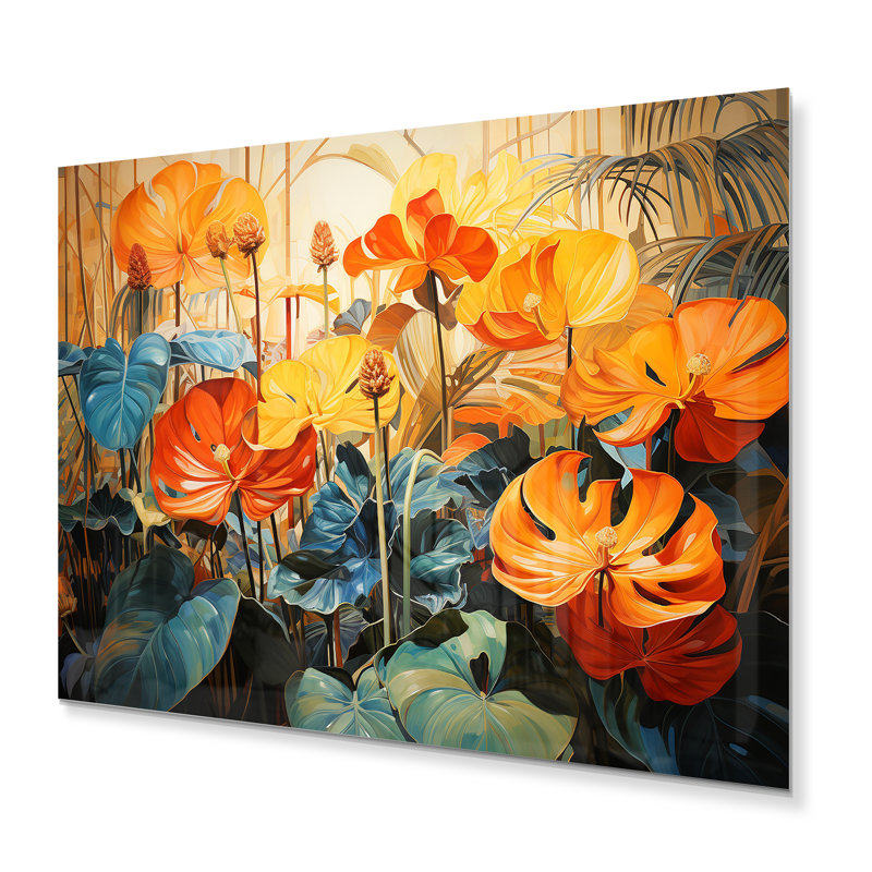 Plantes tropicales orange et vertes IV - décoration murale en métal tropical, H 12 po x l 20 po x P 1 po