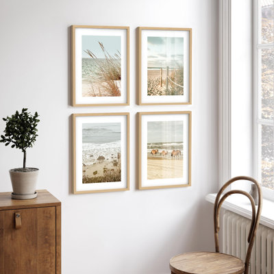 Framed Wall Art Collage Gallery Print Set, Ocean Beach Horizon Sunset Scenes Nature Modern Art Rustic Bohemian Vibrant for Living Room, Bedroom, Office