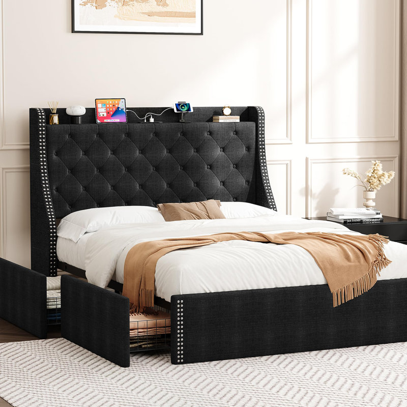 Structure de lit double pleine grandeur avec tiroirs de rangement, tête de lit capitonnée à oreilles, station de charge intégrée (Type-C et USB), plateforme robuste, aucune boîte de floraison nécessaire, assemblage facile, noir