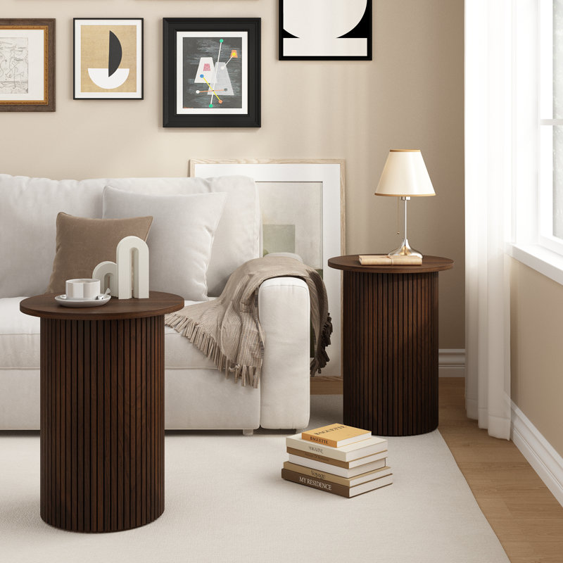 Eversole 22.6" Fluted Round Side Table Set, Brown, Set of 2