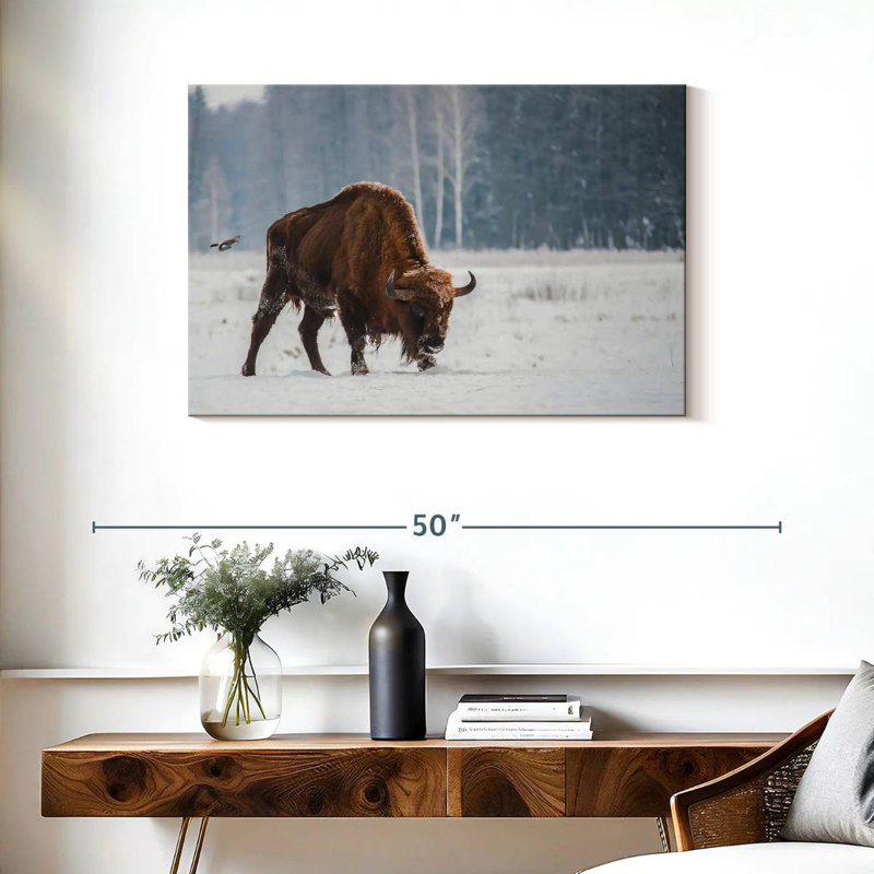 Brampt Bison In Snowy Forest, 24" H x 36" W