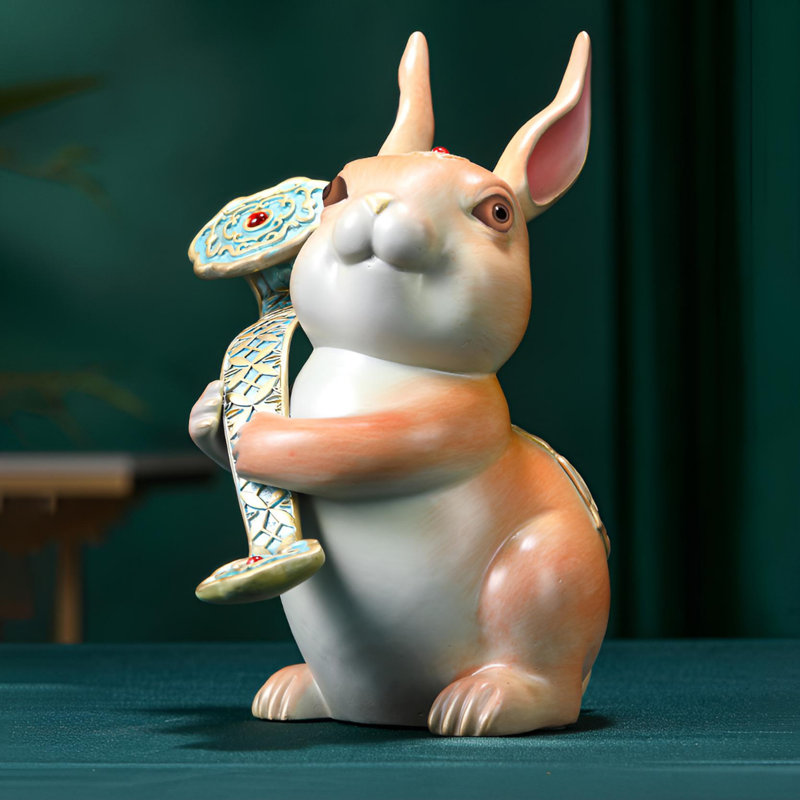 Statue de lapin en laiton Lucky - méticuleusement conçue pour la richesse et la joie, Blanc / orange