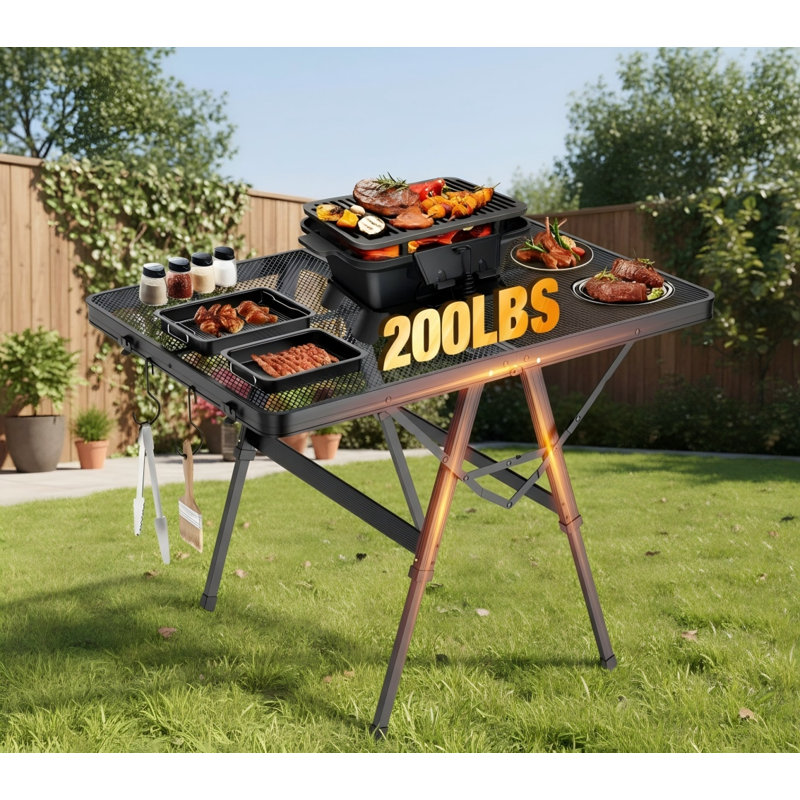 3FT Height Adjustable Folding Grill Table, Mesh Top 200LBS Capacity Metal Table For BBQ Beach RV