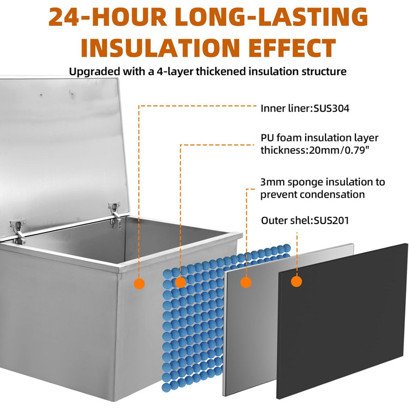 Drop in Ice Chest, Stainless Steel Commercial Ice Bin with Hinged Cover, Outdoor Kitchen Ice Bar for Drinks
