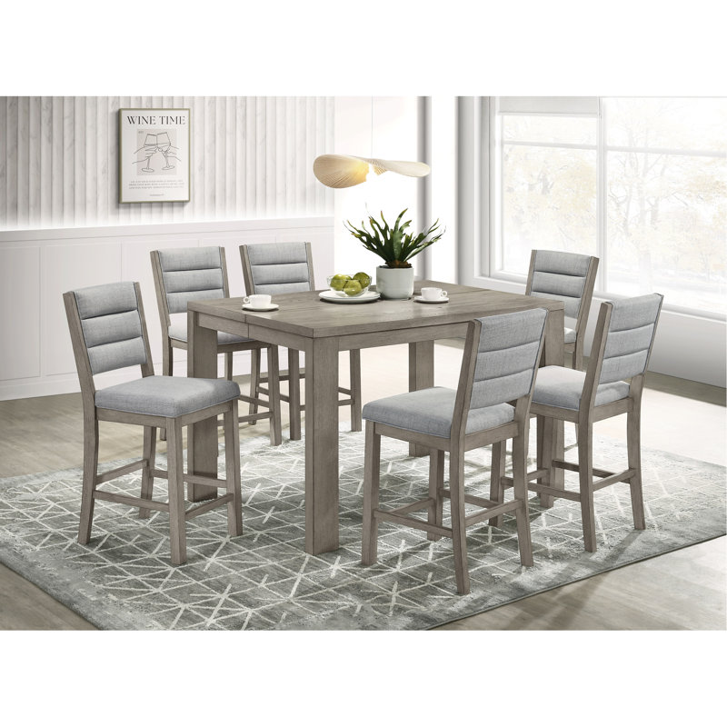 Table de salle à manger carrée rustique brun-gris, rallonge de 18 po, capacité de 8 personnes, gris bois, style contemporain