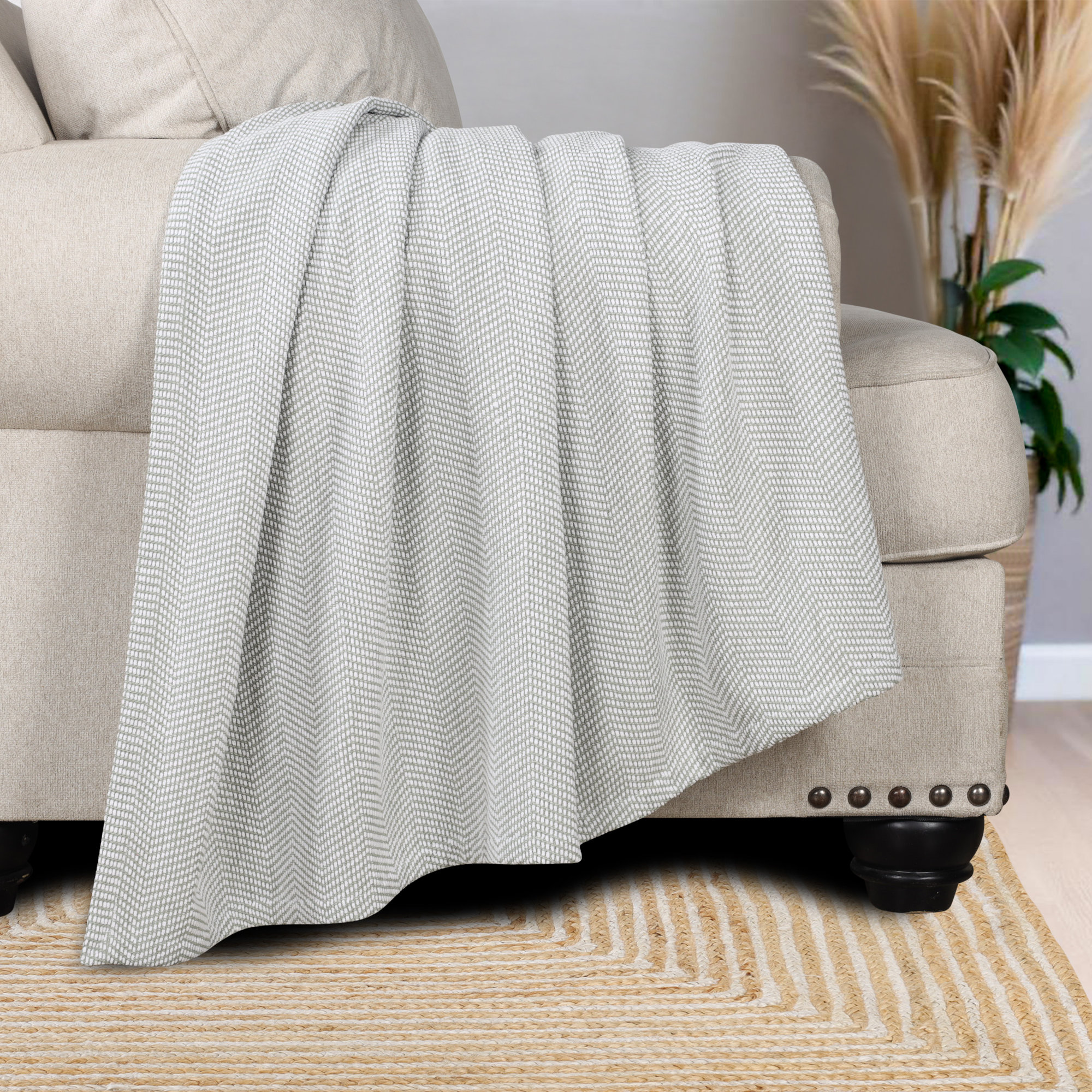 Maya Chenille Herringbone Soft Textured Medium Weight Cotton Blanket, Gray, Throw