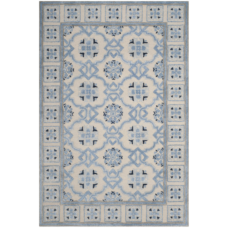 Cruz Hand Tufted Wool/Viscose Oriental Rug in Ivory Blue, Rectangle 6' x 9'