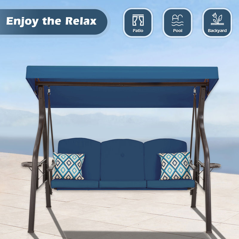 Manhattan Porch Swing w/Rotatable Canopy, 2 in 1 Patio Swing Bed and Swing Chair, Blue