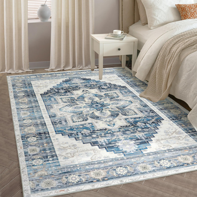 Machine Washable Area Rugs For Living Room Non-Slip Backing Foldable Boho Floral Carpet Rugs, Rectangle 4' x 6'