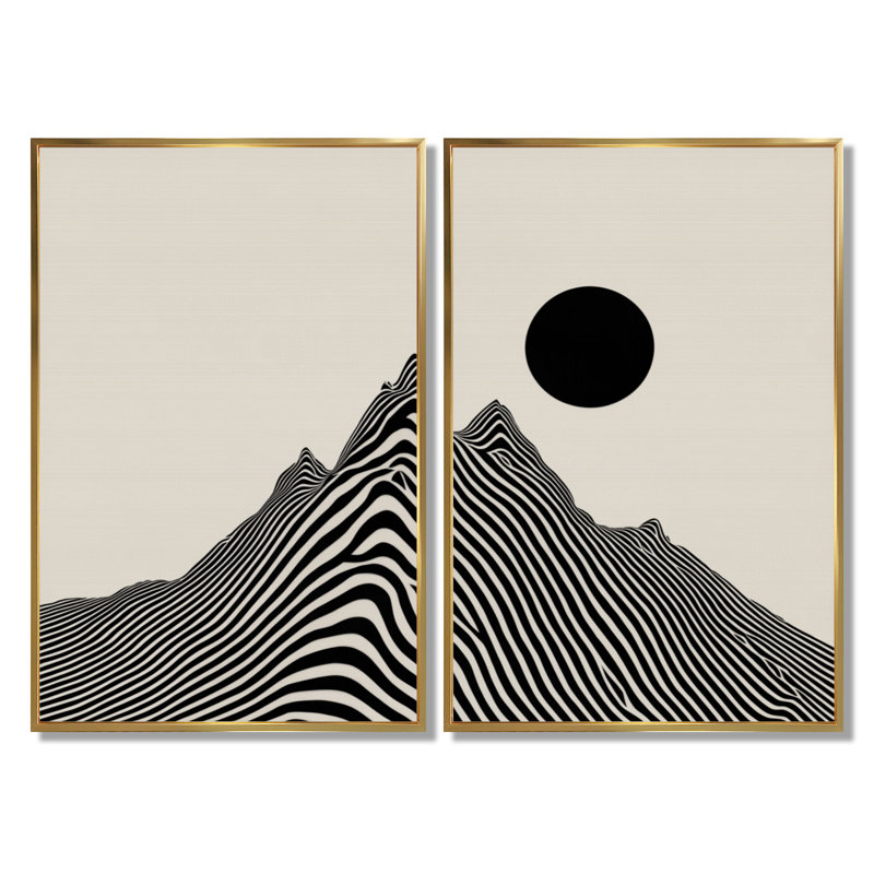 «Abstract Mountain Waves Vortex - Waves Large», impression sur toile moderne noire 2 pièces, H 36 po x l 48 po, Doré