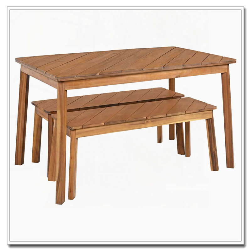 3-Piece Diagonal-Grained Acacia Wood Table & Bench Dining Set