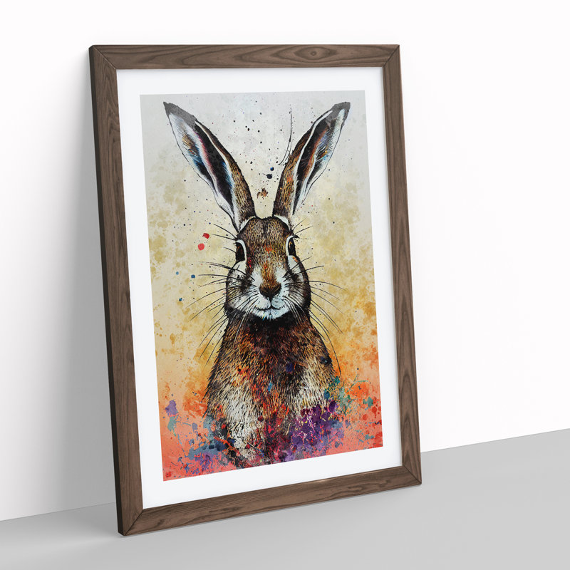 Colourful Watercolour Hare No.1 - Single Picture Frame Print, 34cm H x 25cm W x 2cm D, Walnut