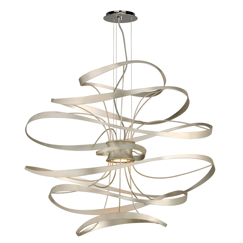 Calligraphy 2 - Light Unique Geometric LED Chandelier, 16.5" H x 18" W x 18" D, Silver Leaf with Polished Stainless Accents