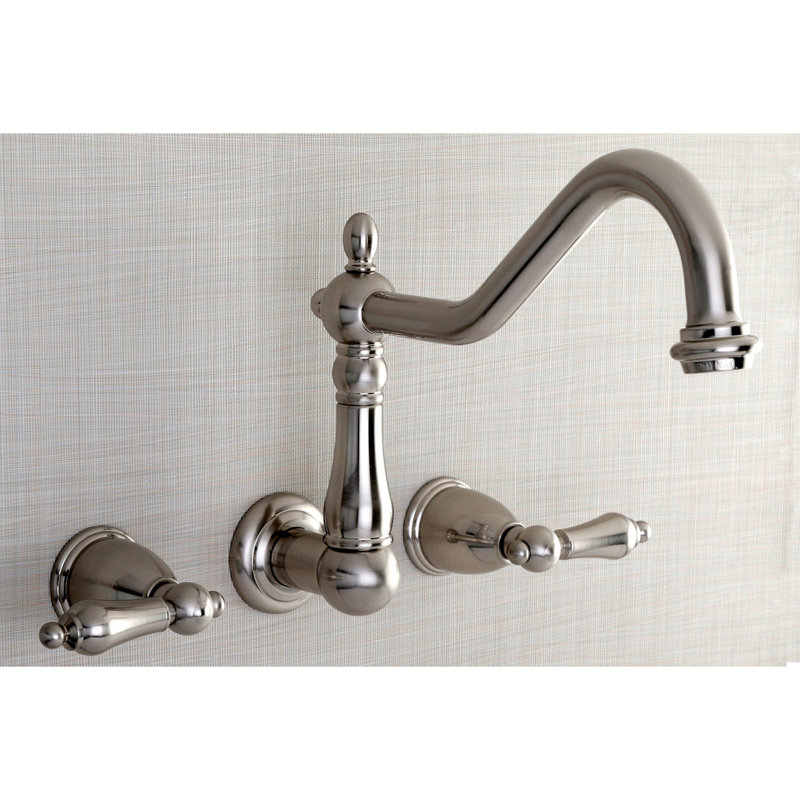 Kingston Brass Heritage Double-Handle 3-Hole Wall-Mount Kitchen Faucet, Brushed Nickel