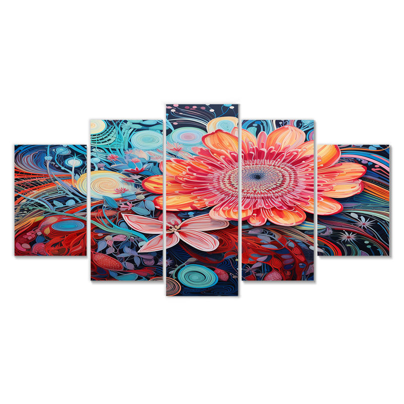 «Red Blossoming Daisy Cosmic Blue» - ensemble d'art mural marguerite 5 pièces