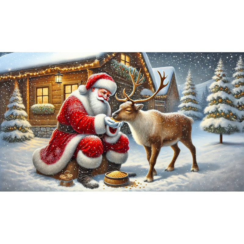 «Santa's Tender Moment with Reindeer»: art sur toile tendue festive, H 20 po x l 35 po