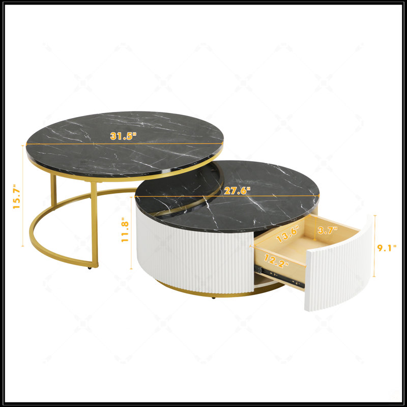 Table basse gigogne moderne moderne cannelée avec tiroir de 31,5 po