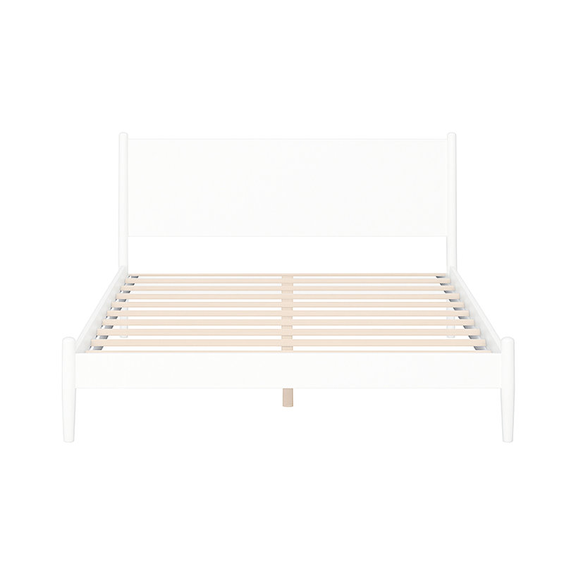 Lit grand format Mid-Century blanc, bois massif +, sans sommier, lit plateforme simple à assembler avec tête de lit haute, lattes, ressort